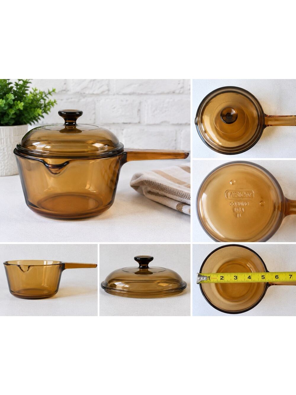 Vision Corning USA Amber Glass Saucepan Pot With Lid Vintage Visions 1L
